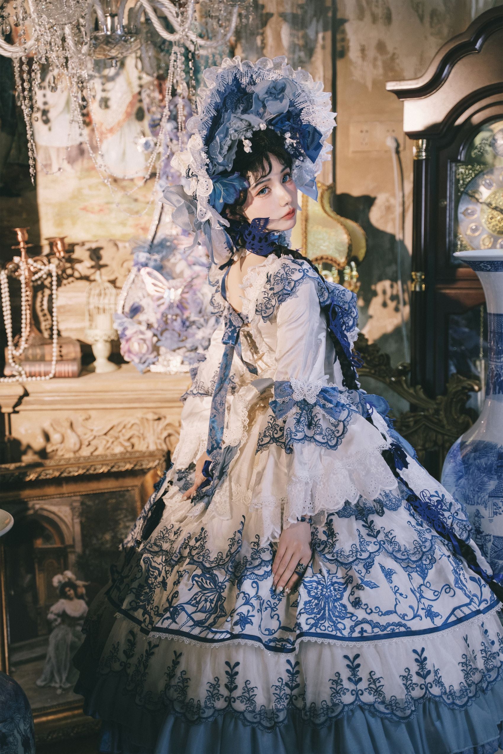 Butterfly Blue and White Porcelain Floral Embroidery Classic Lolita OP Dress