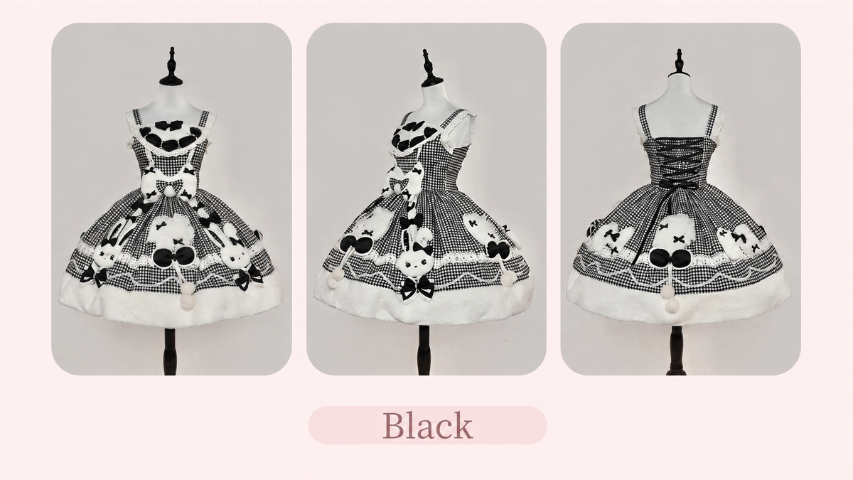 Bunny Ball 2.0 Lolita Winter Doll Style JSK Cape Set Black Plaid Version