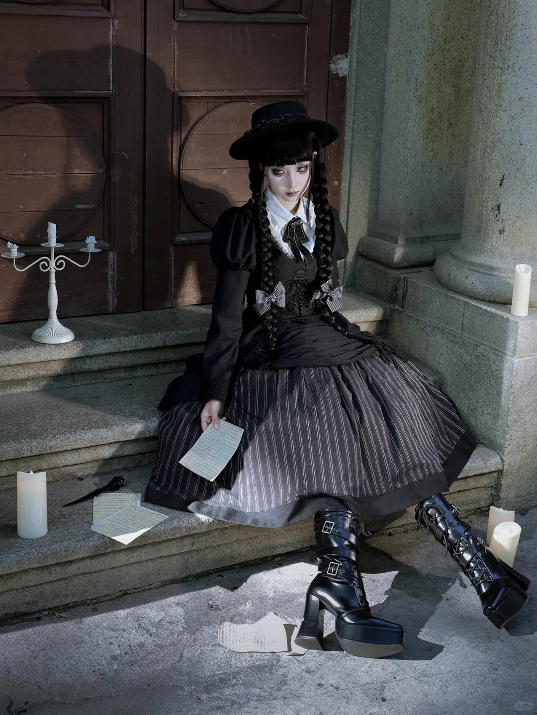 Stripe Diary Dark Academia Gothic Lolita Top and Skirt Set