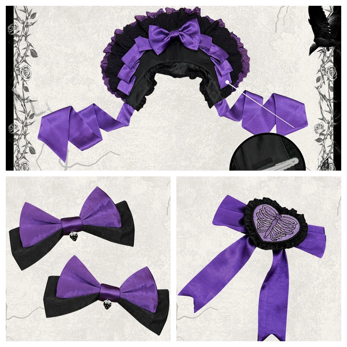 Strawberry Heart Bone Black and Purple Gothic Lolita OP Dress