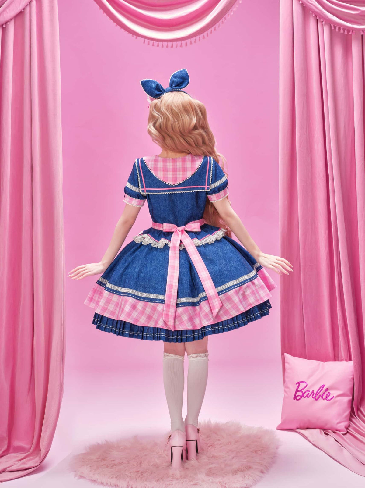 Dreamy Daydream x Barbie Collab Lolita Plaid Denim OP Dress
