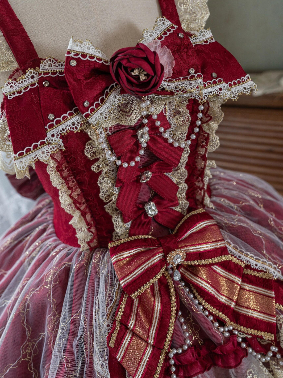 Crown of Gems Lolita Original Doll‑Like Strap JSK Red Dress