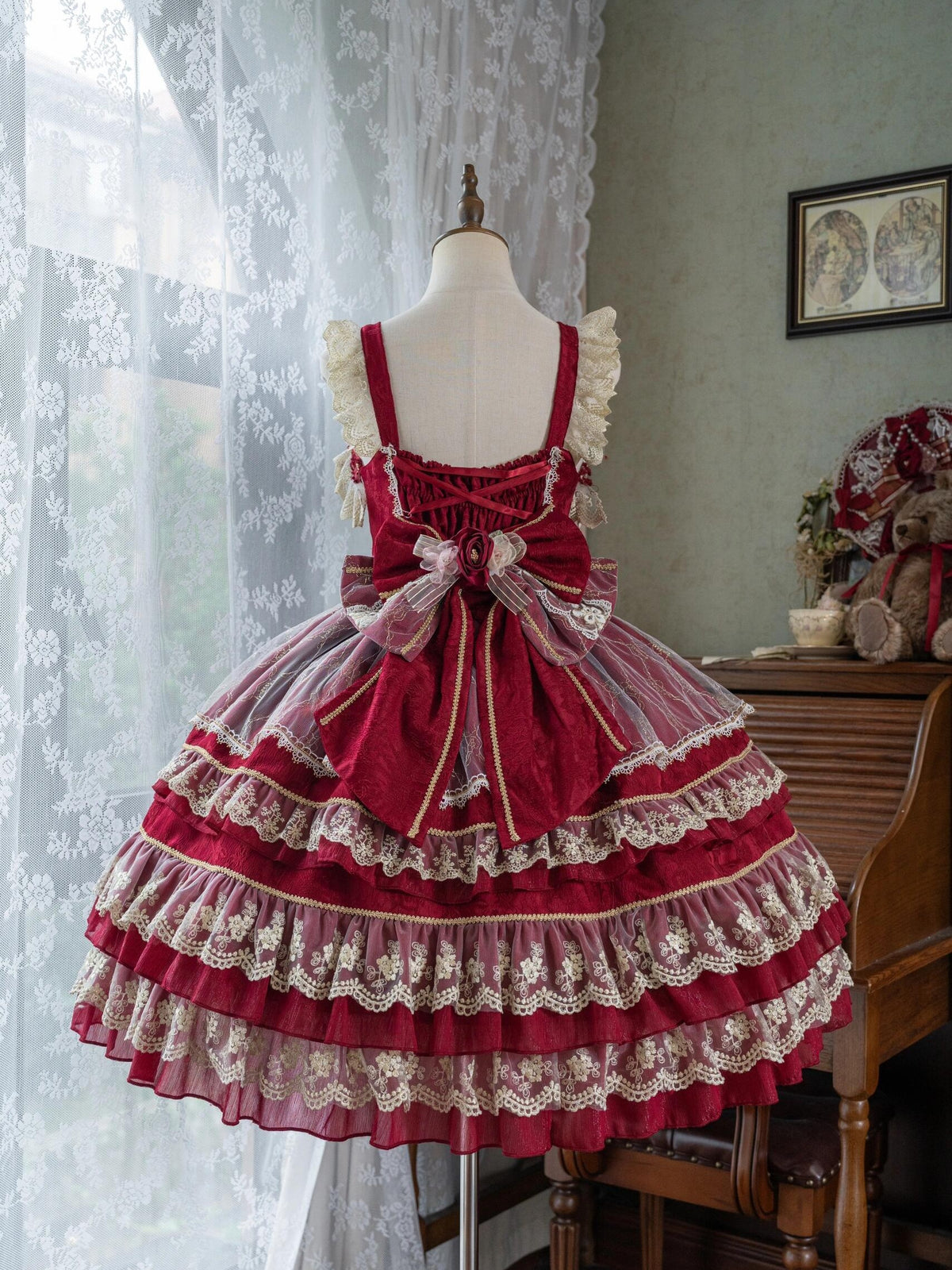 Crown of Gems Lolita Original Doll‑Like Strap JSK Red Dress