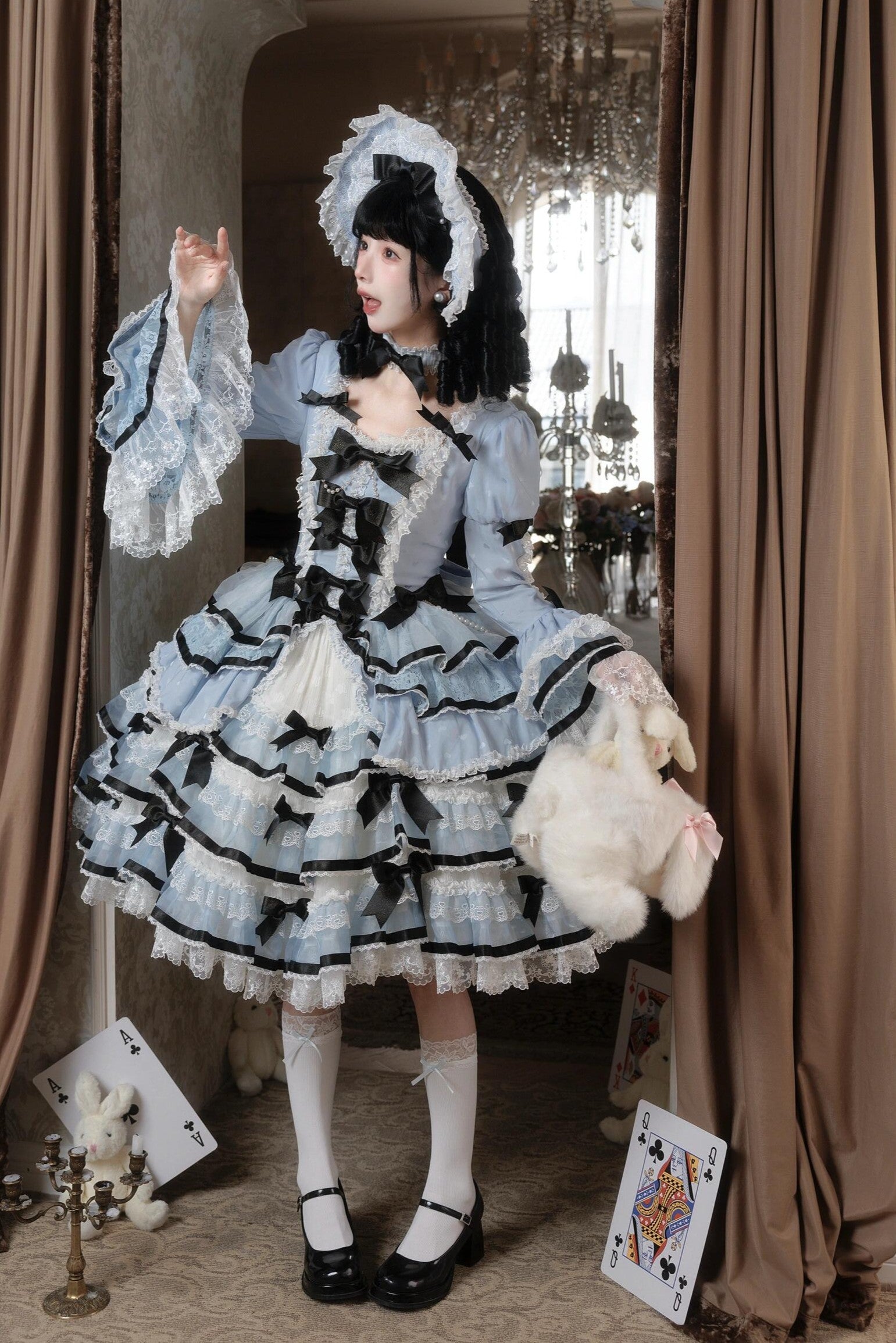 Deluxe Cake Alice Blue Black Tiered Ruffle Classic Lolita OP Set
