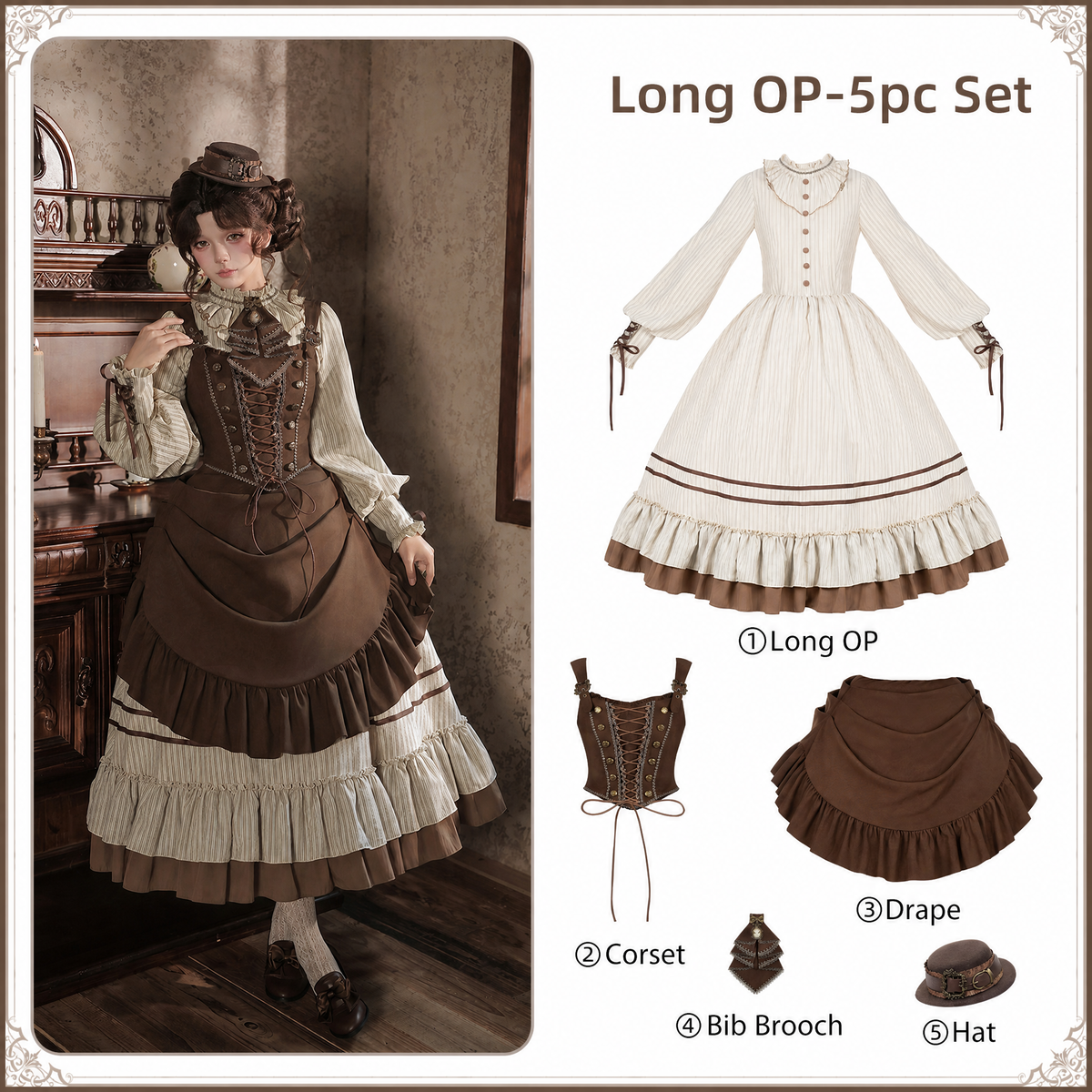 At Sunset Lolita  Ruffled Corset & Drape Panel OP Dress Set