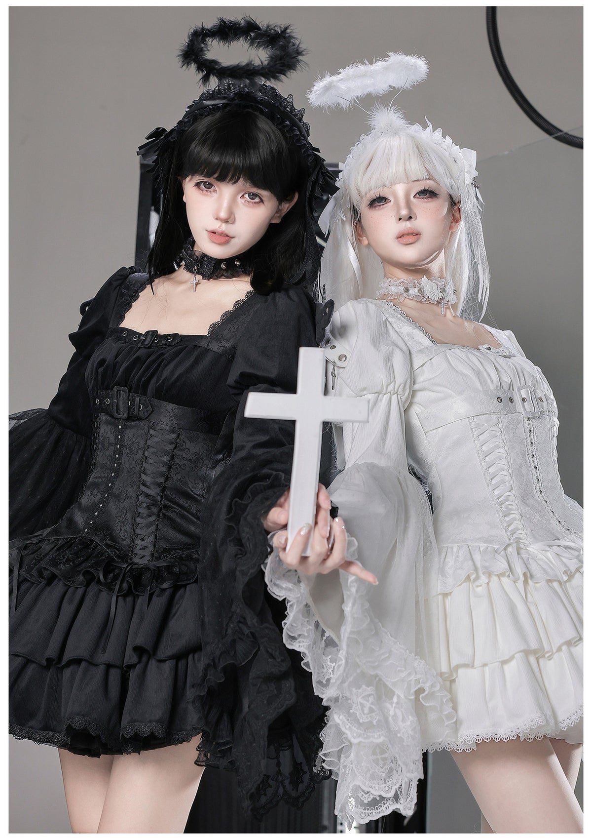White Night Feather Lolita Sweet Cool Hime Sleeve Mini Dress Set