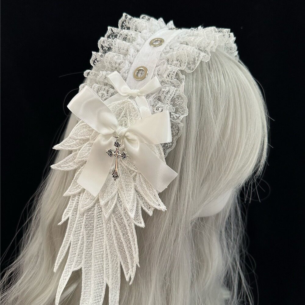 Dark Angel Wing Feather Lolita Gothic Headband with Cross Charm