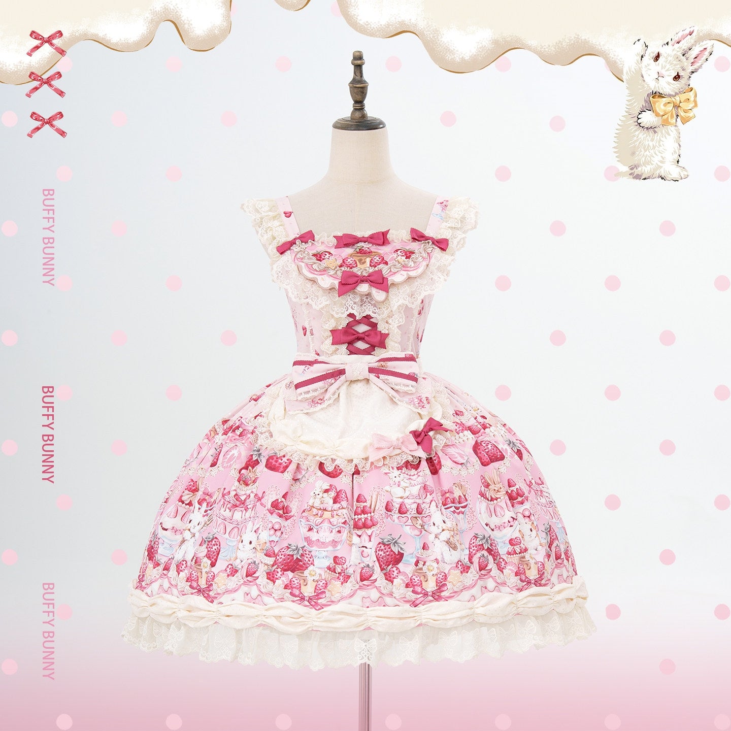 Parfait Dessert Bunny Sweet Cute Strawberry Print Embroidered JSK