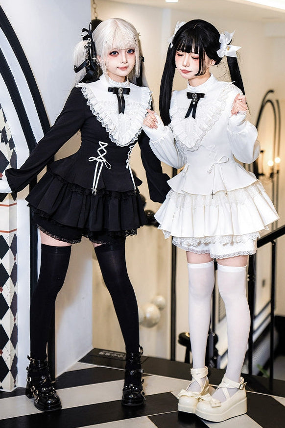 Gothic Sweet Lace Ruffle Cross Lace-Up Long Sleeve Lolita OP Dress with Shorts