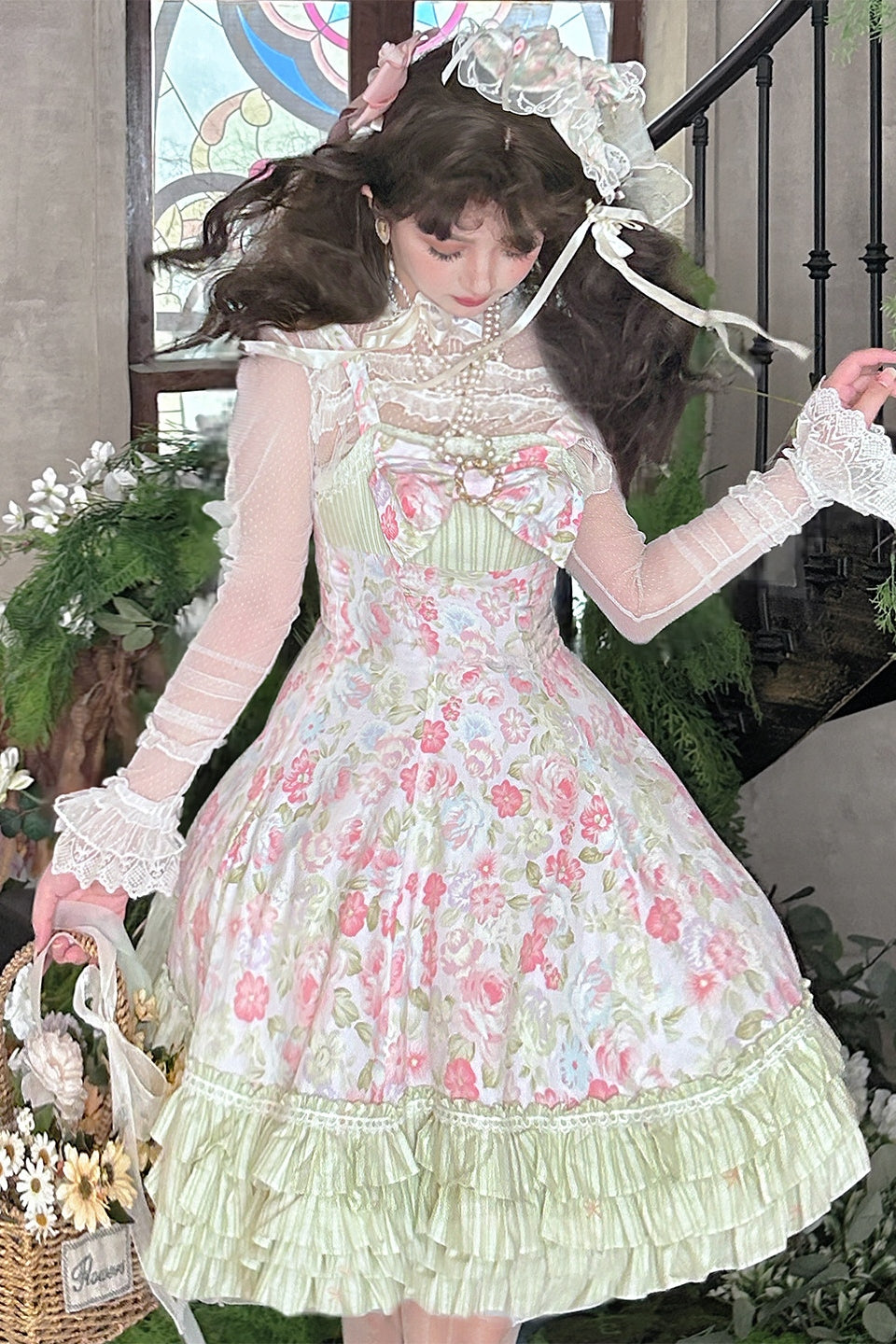 Rose Spring Romance Pink Green Floral Classic Lolita JSK Dress