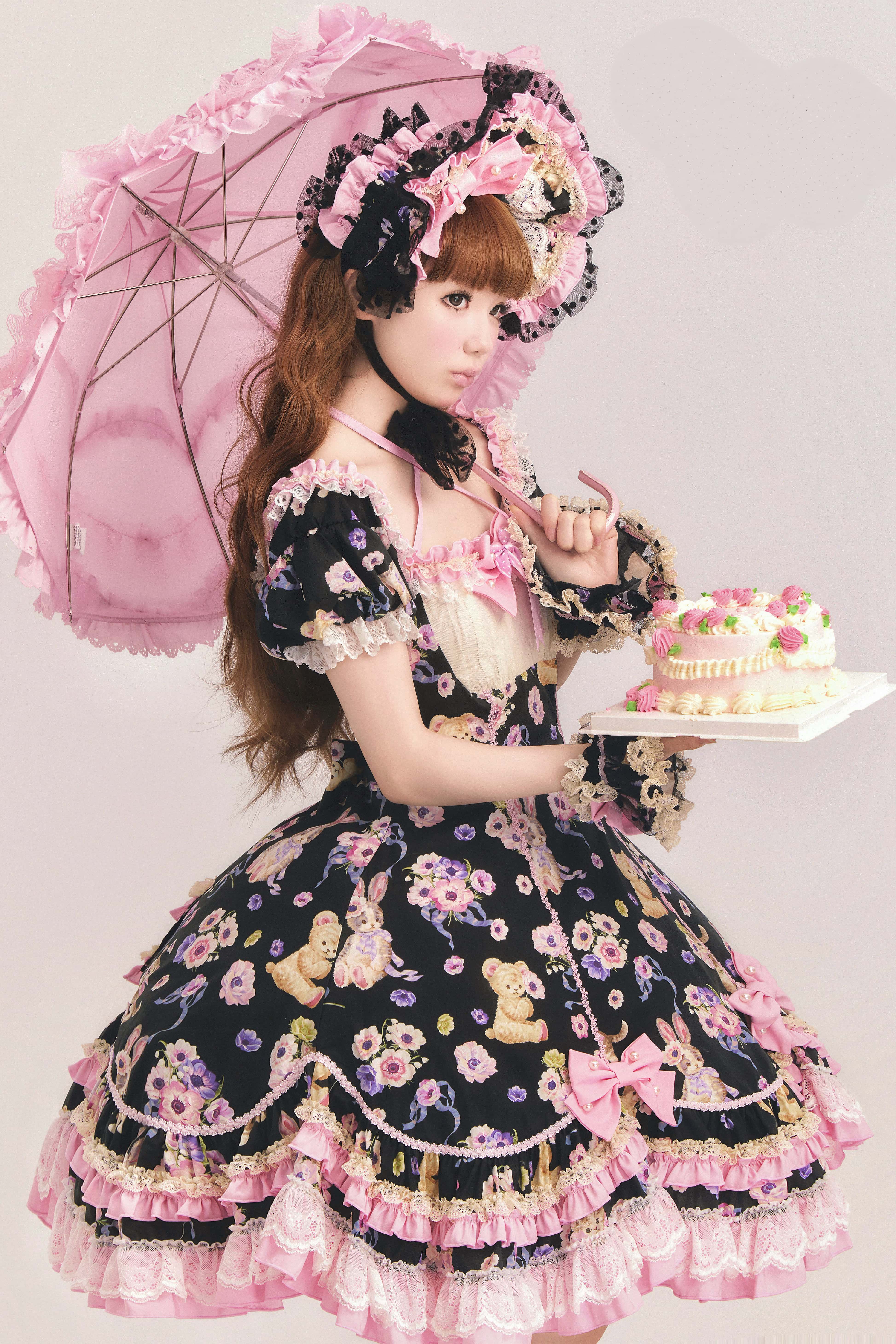 Be My Sweetheart Bear Bunny Floral Print Fitted Sweet Lolita OP Dress