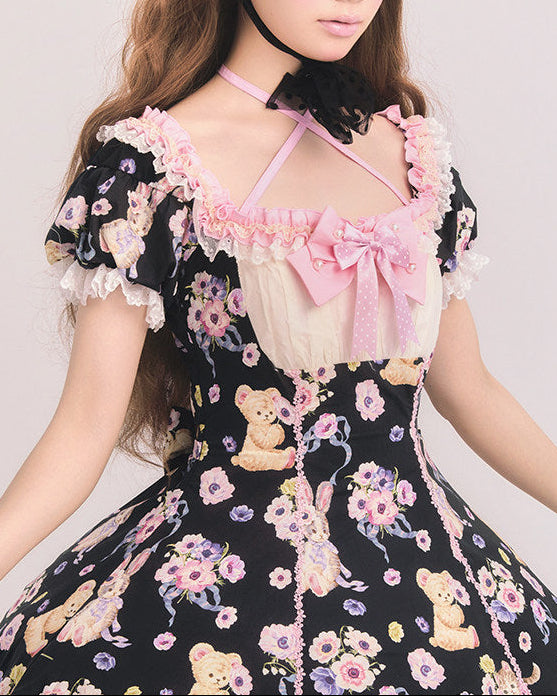 Be My Sweetheart Bear Bunny Floral Print Fitted Sweet Lolita OP Dress
