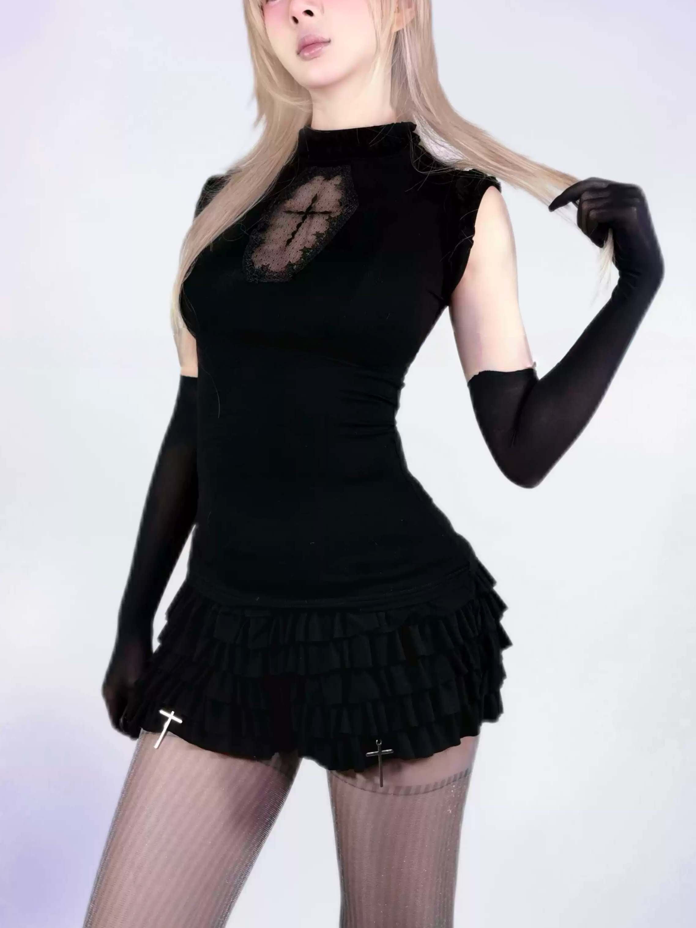 Dark Gothic Cross Top & Tiered Skirt Set LE1034