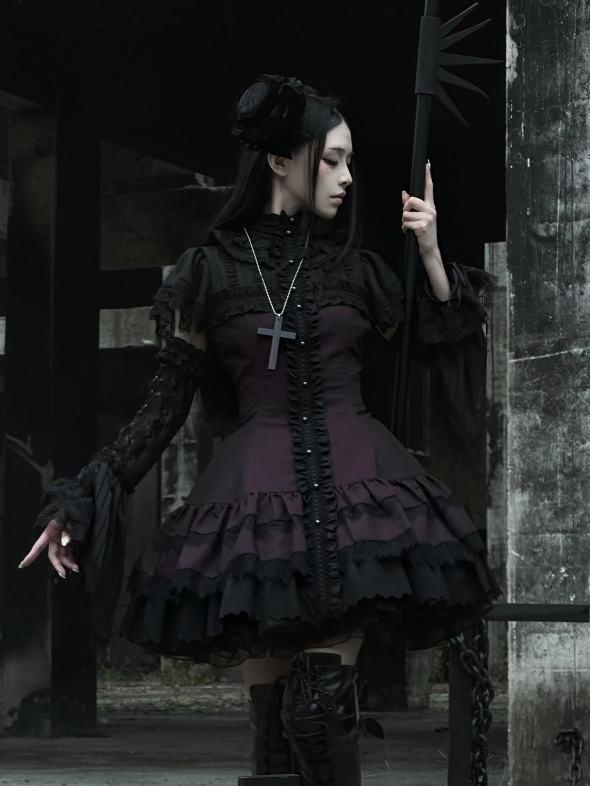 Leanna Black and Purple Gothic Lolita Cross Lace Short OP Dress