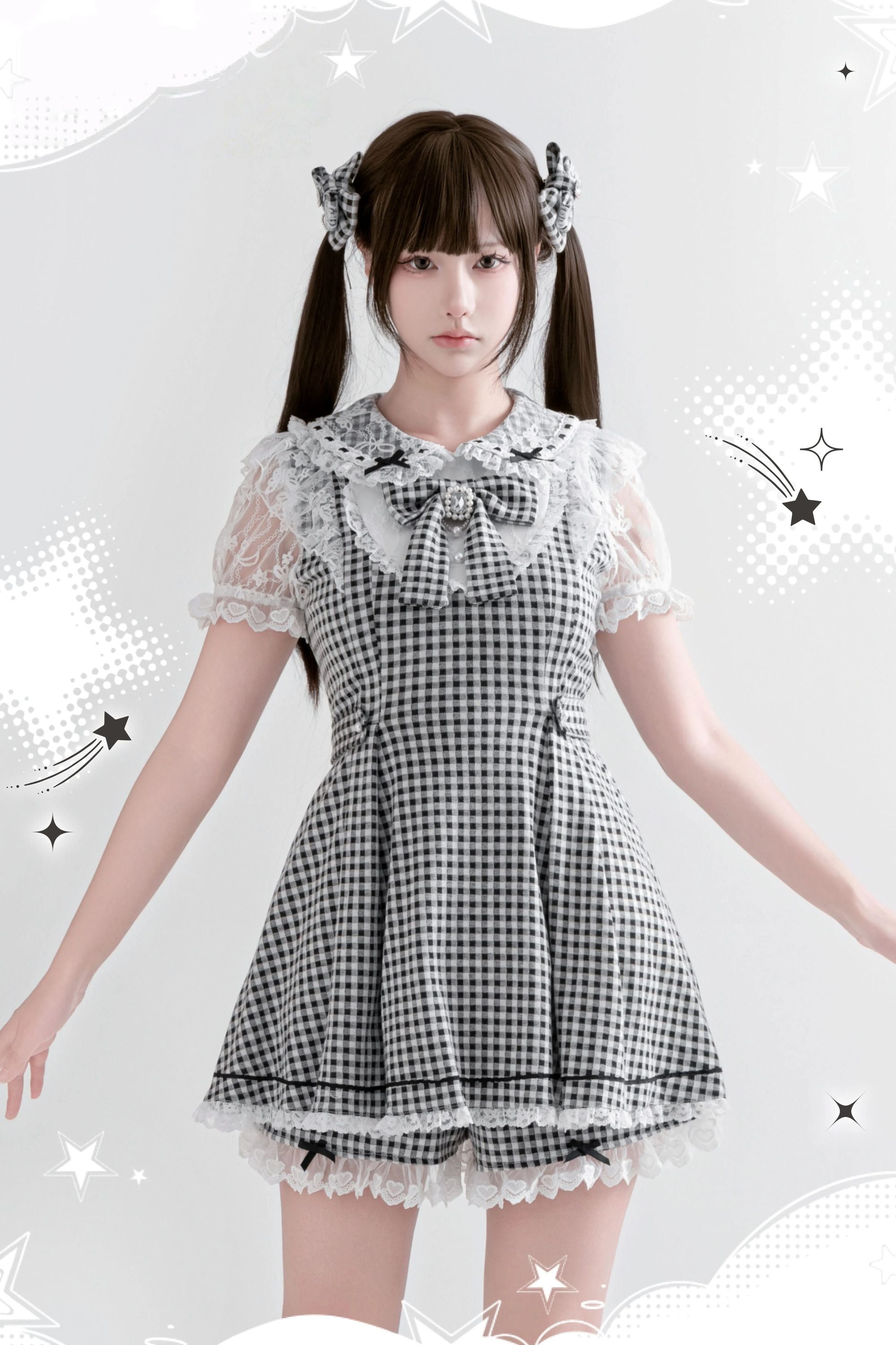 Kisskiss Two-Tone Plaid Lace Sweet Ryōsangata Cute Outfit Set