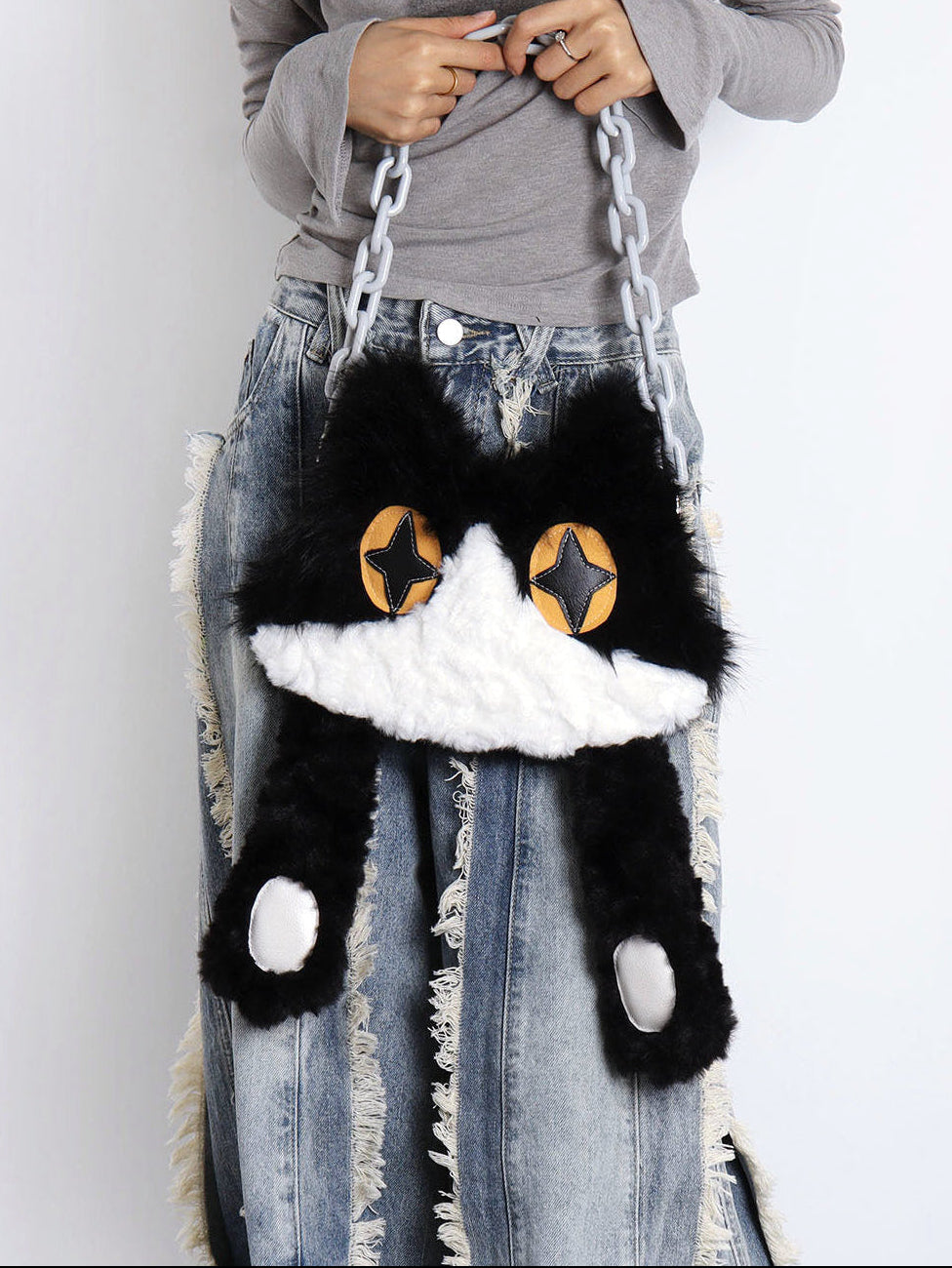 Face-Cover Cow Cat Plush Lolita Crossbody Bag with Chain