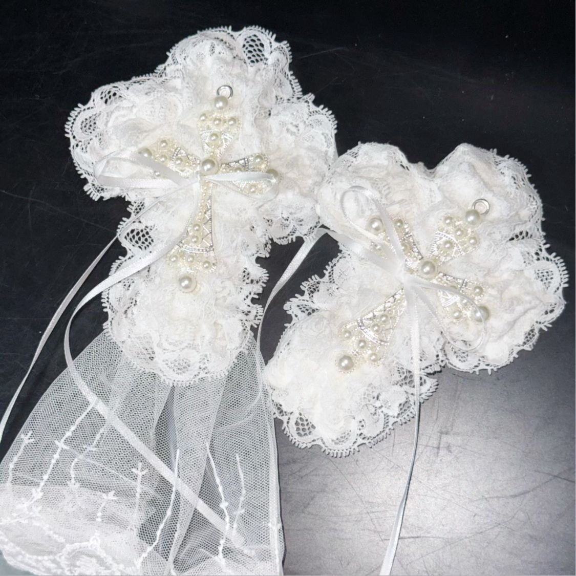 Pearl Cross Lace Ruffle Bow Lolita Gothic Hair Clip with Optional Veil