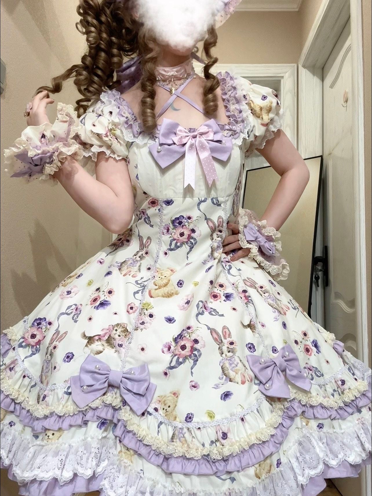 Be My Sweetheart Bear Bunny Floral Print Fitted Sweet Lolita OP Dress