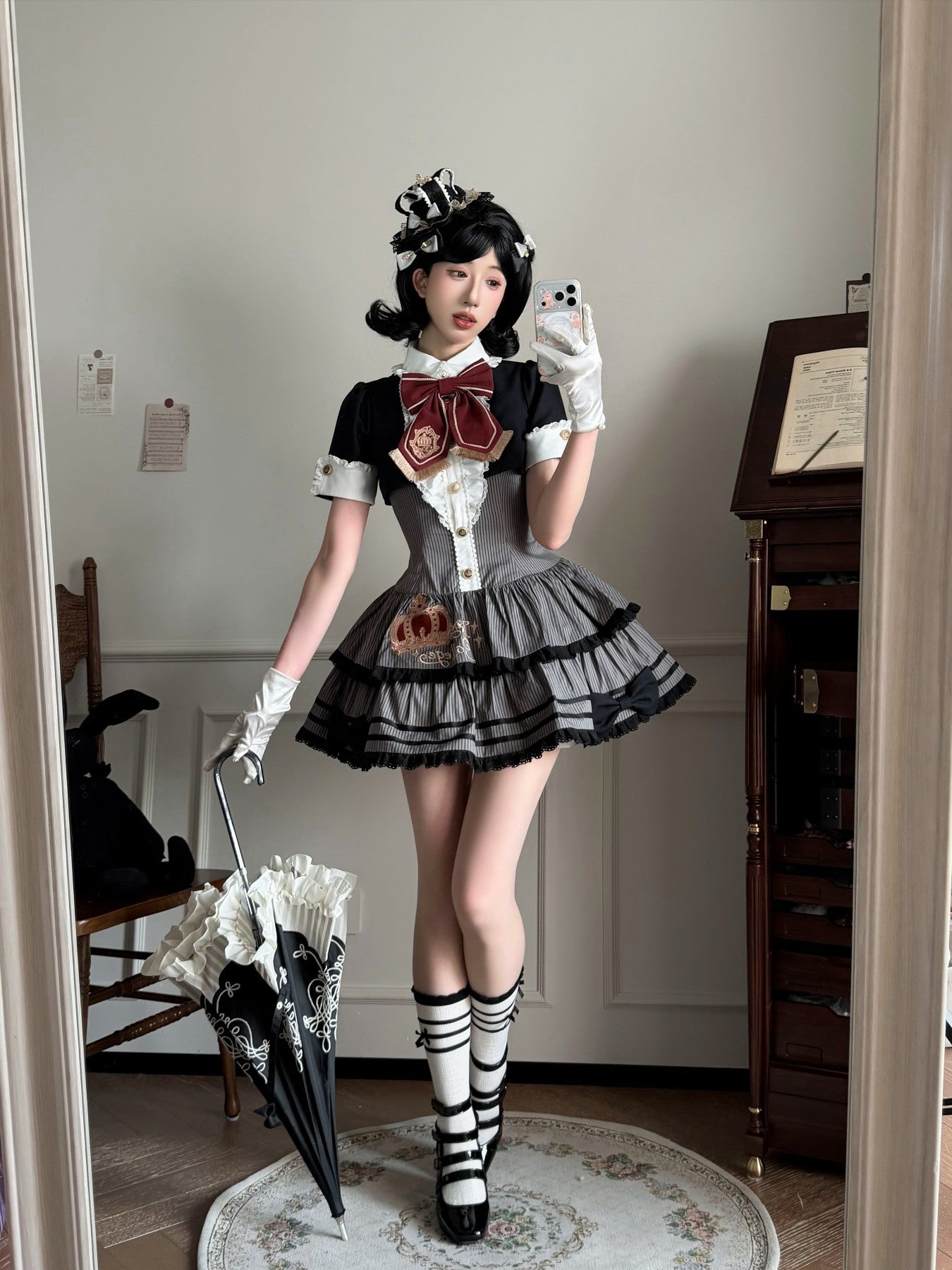 Black Striped Crown Idol Academy Lolita Fake Two-Piece OP Dress