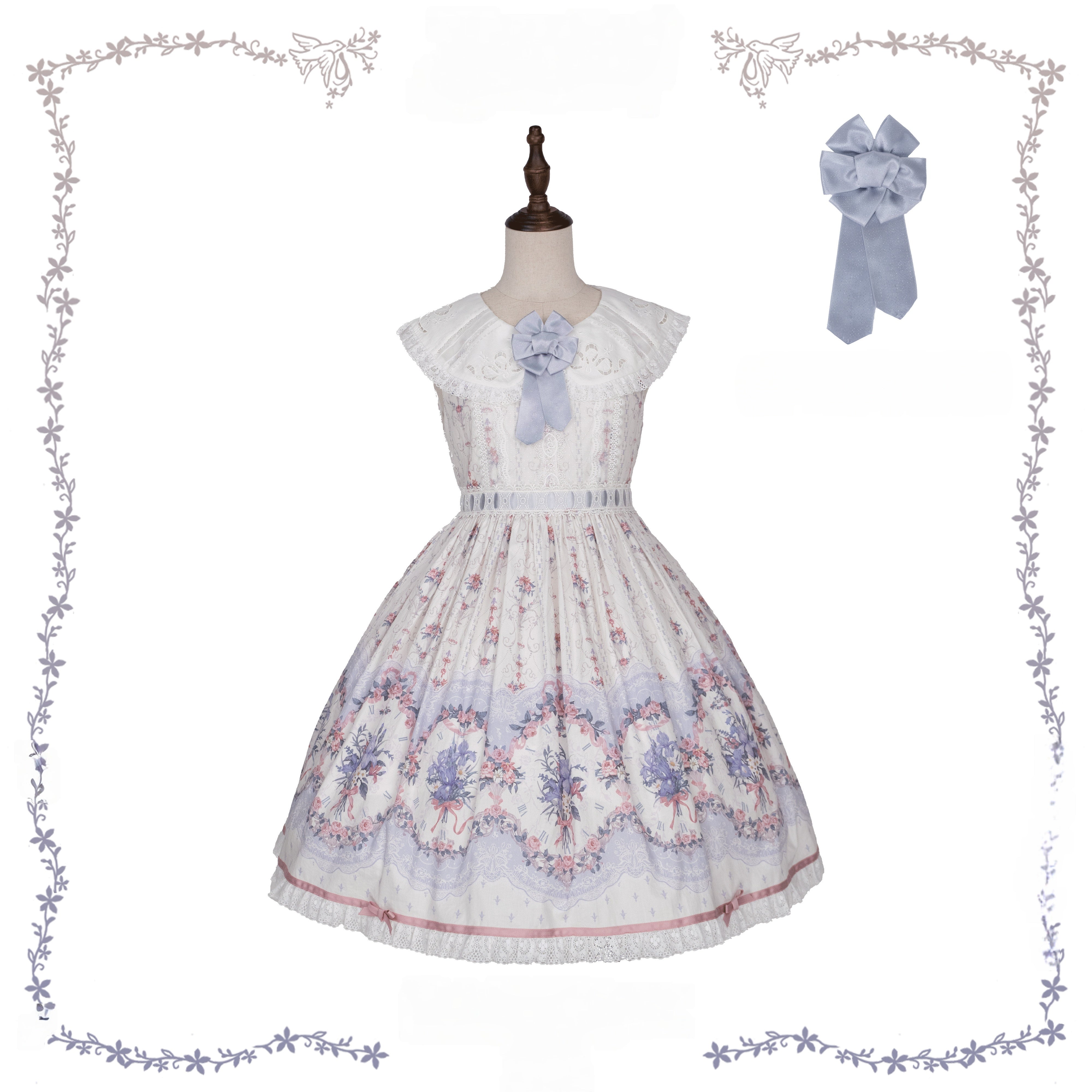 Iris Clock Lolita Flutter Sleeves Printed OP & Cut‑Work Embroidered Lapel JSK