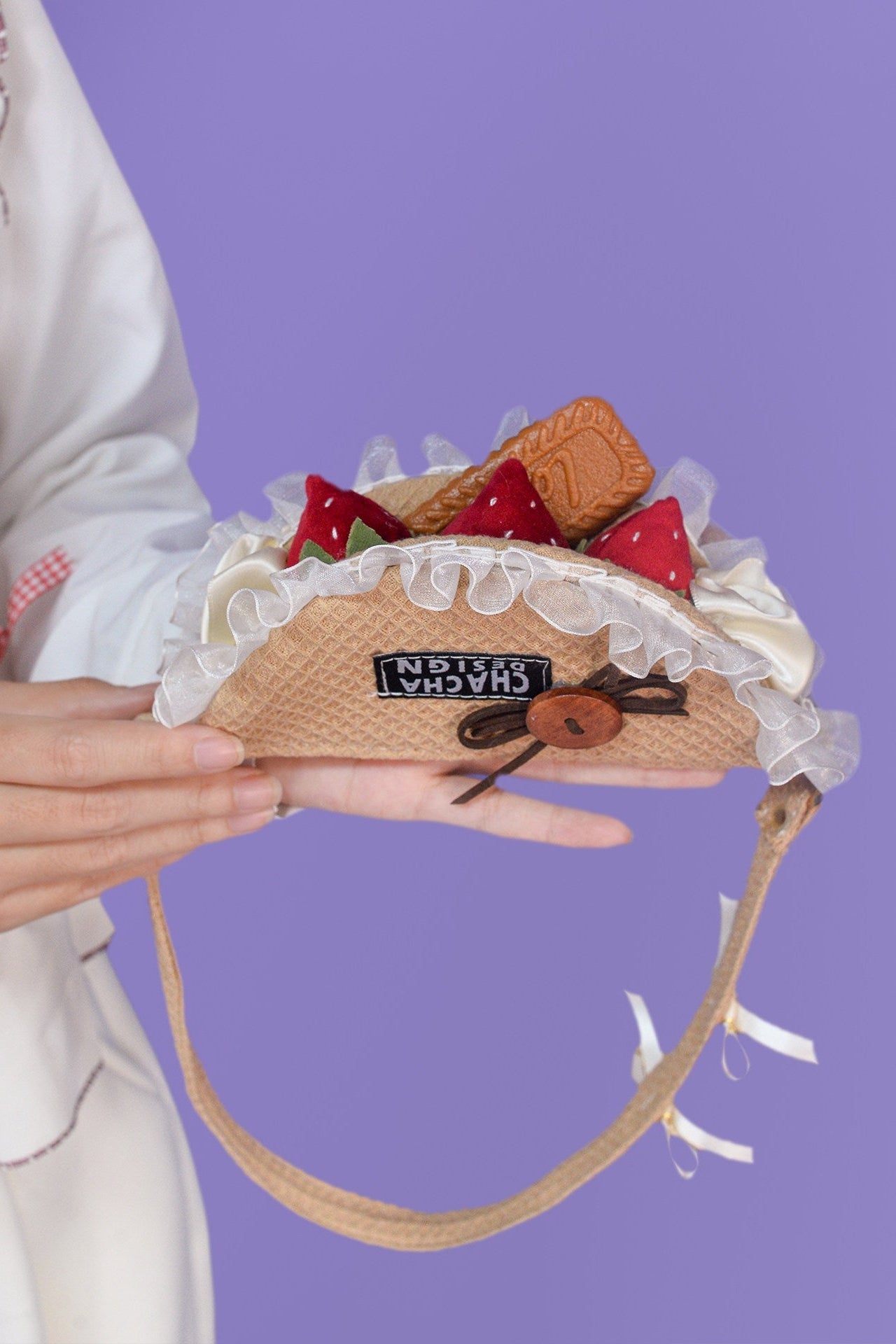 Strawberry‑Filled Waffle Cookie Pearl Chain Handbag
