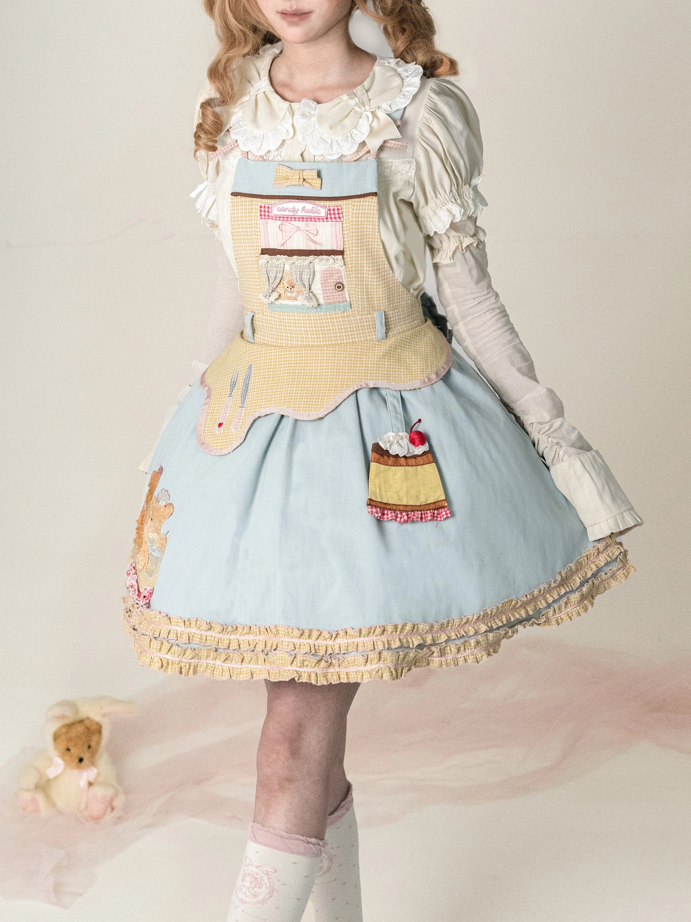 Teddy Bear Bakery Embroidered Cake Applique Sweet Lolita Suspender Skirt Set