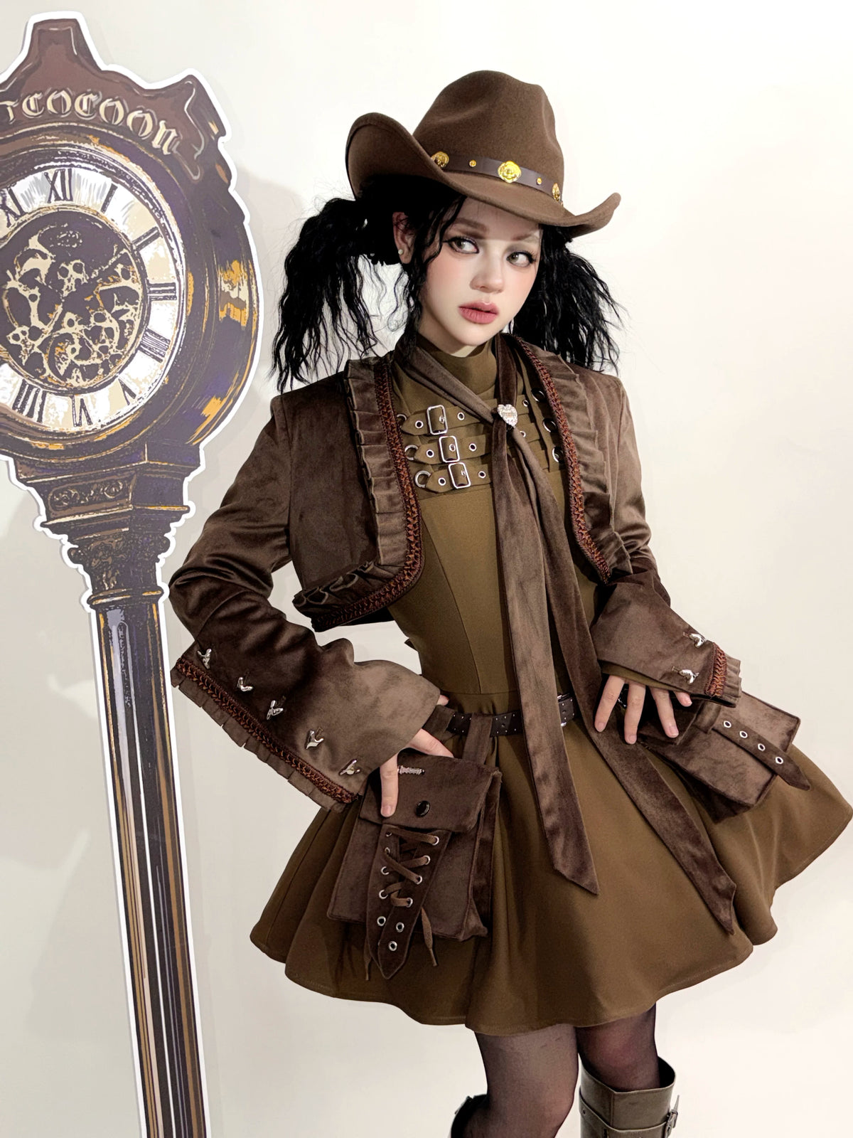 Cannoneer Lolita Steampunk Long Sleeve Brown OP Dress Set