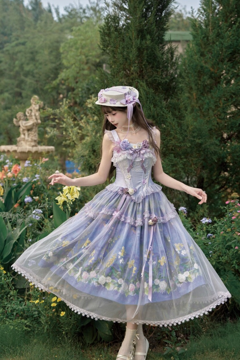 Violet‑Hued Lake Classic Oil‑Painting Printed Tulle Lolita JSK Dress