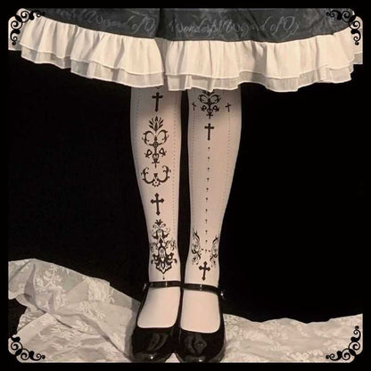 Lolita Gold Foil Cross Print Gothic Tights LE9015