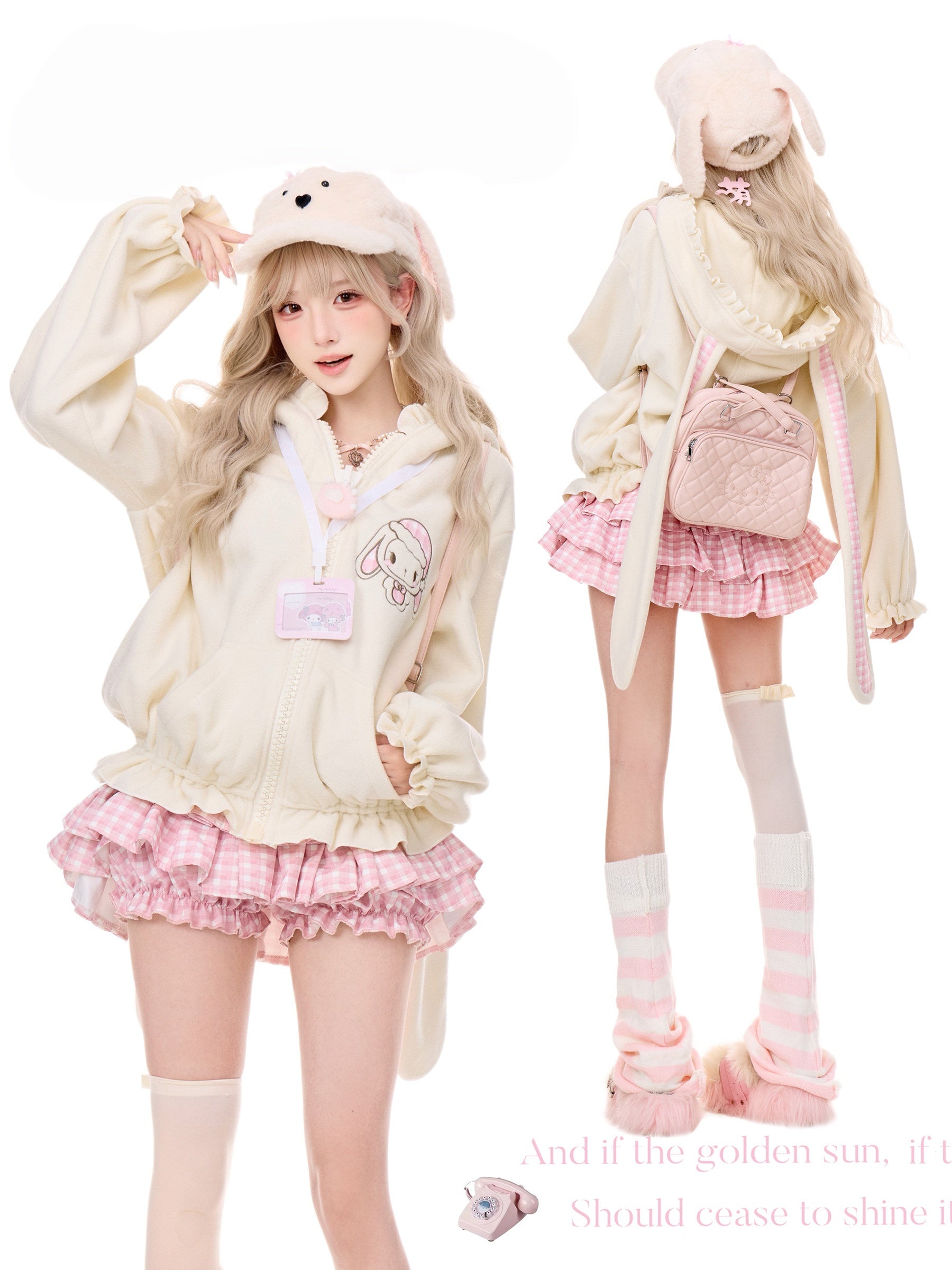 Bunny Doll Dream Off-White Bunny Ear Hooded Jacket Pink Plaid Tiered Skirt
