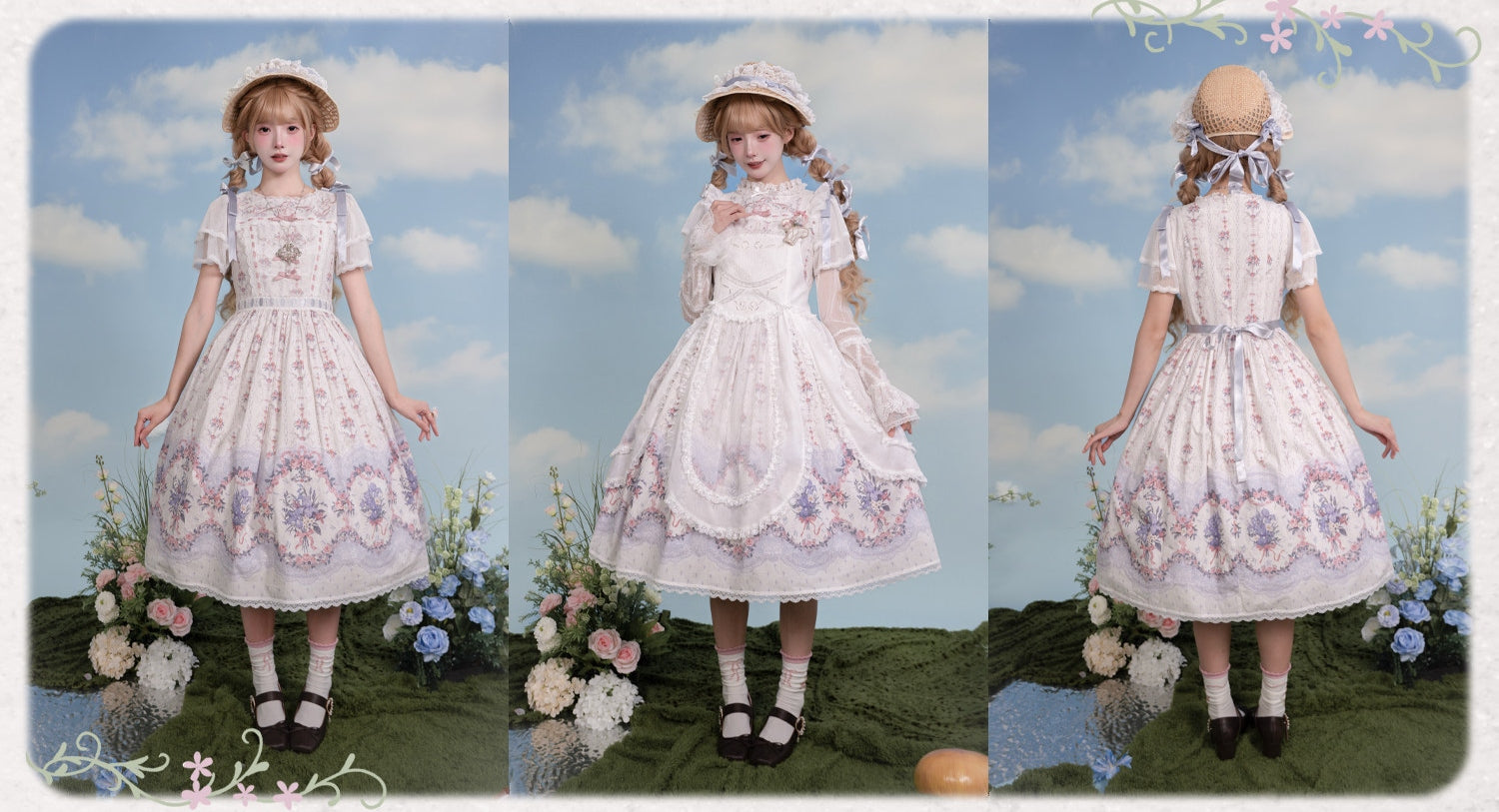 Iris Clock Lolita Flutter Sleeves Printed OP & Cut‑Work Embroidered Lapel JSK