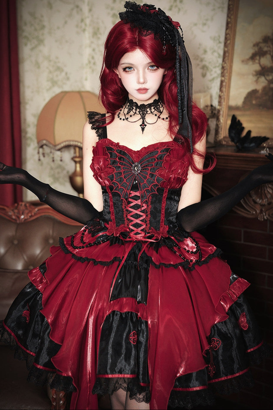 Blood Butterfly Gothic Lolita Corset Dress Spider Web Lace-Up Irregular Hem