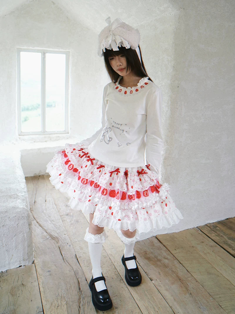 Strawberry Scent Cake Cross-section Print Lace Short Skirt