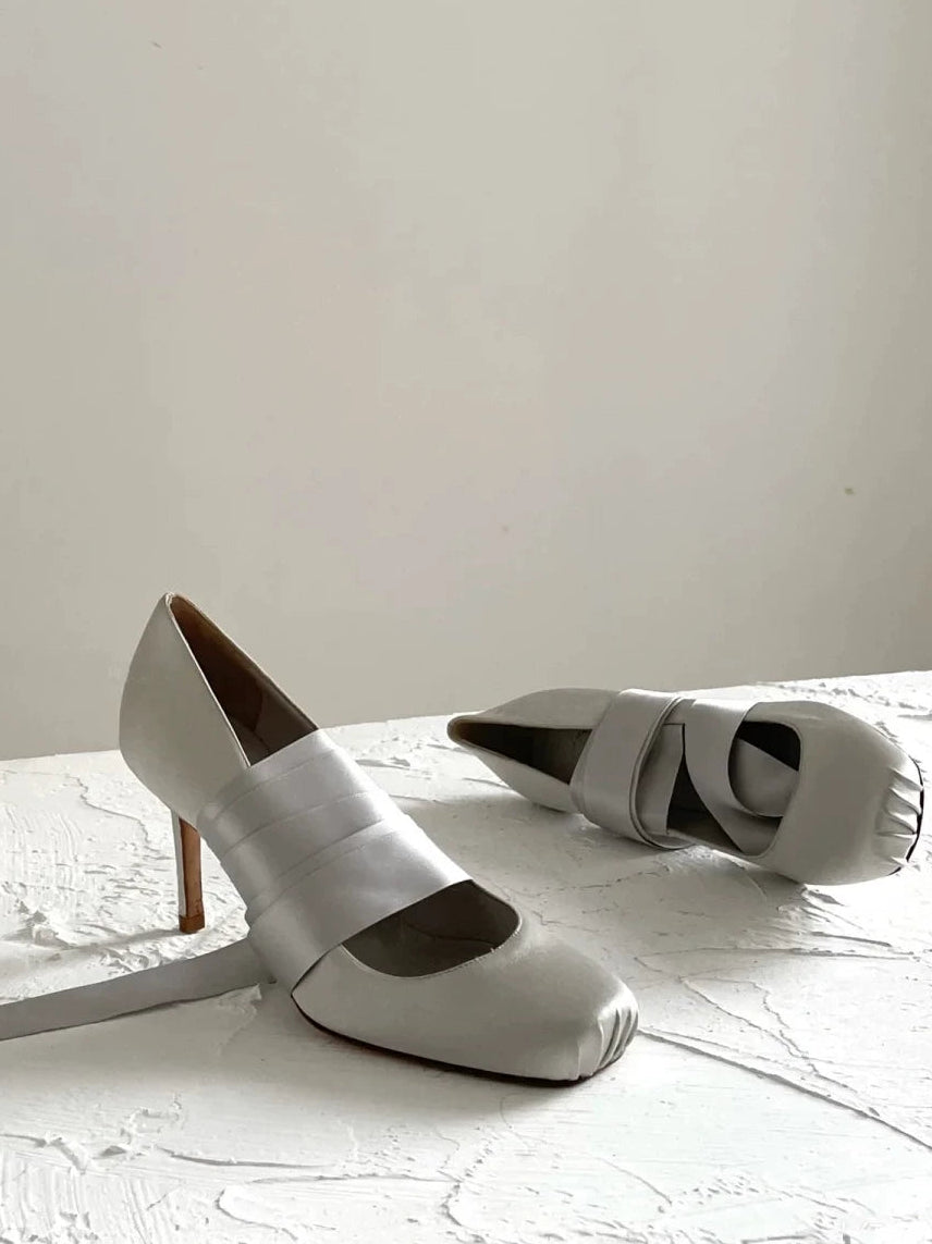 Vintage French Satin Cross Strap Ballet High Heels