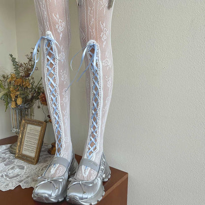 Lolita Blue Lace Ribbon Trim Long Socks  LE9012