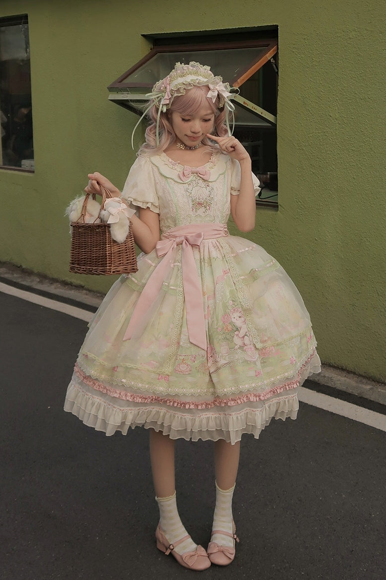 Bamboo Rabbit Pink Green Bunny Floral Print Bow Classic Lolita OP Dress