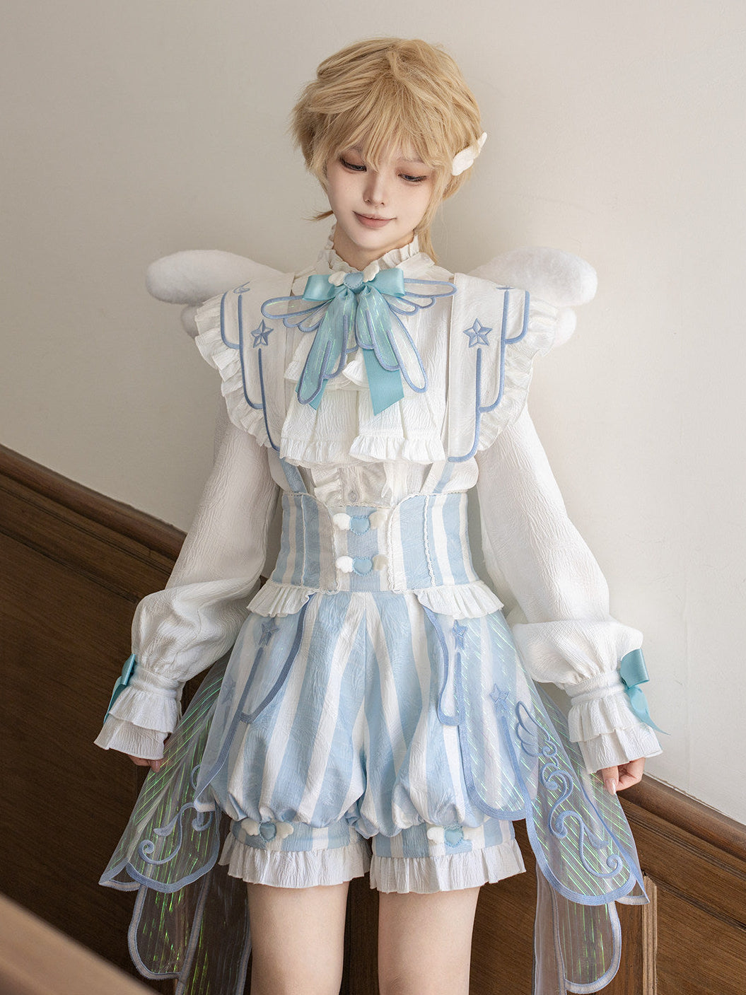 Angel Treaty Sky Blue Prince Lolita Angel Wings Blouse Suspender Shorts Set