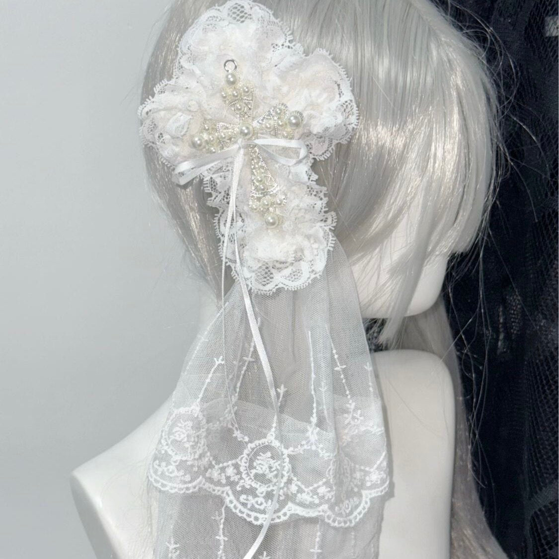 Pearl Cross Lace Ruffle Bow Lolita Gothic Hair Clip with Optional Veil