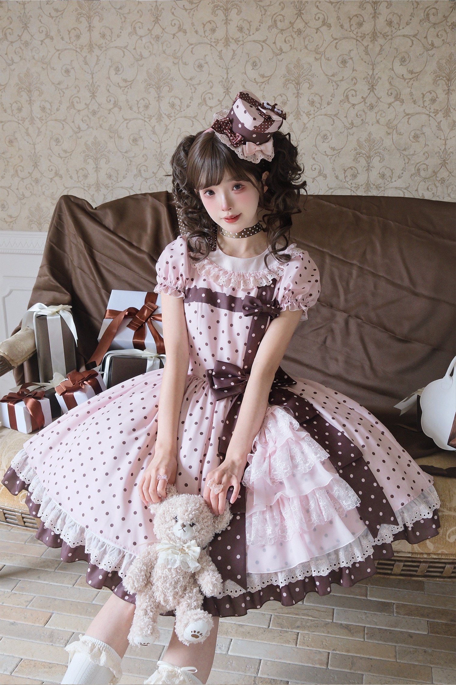 Canele Gift Box Pink Polka Dot Bow Sweet Lolita OP Dress
