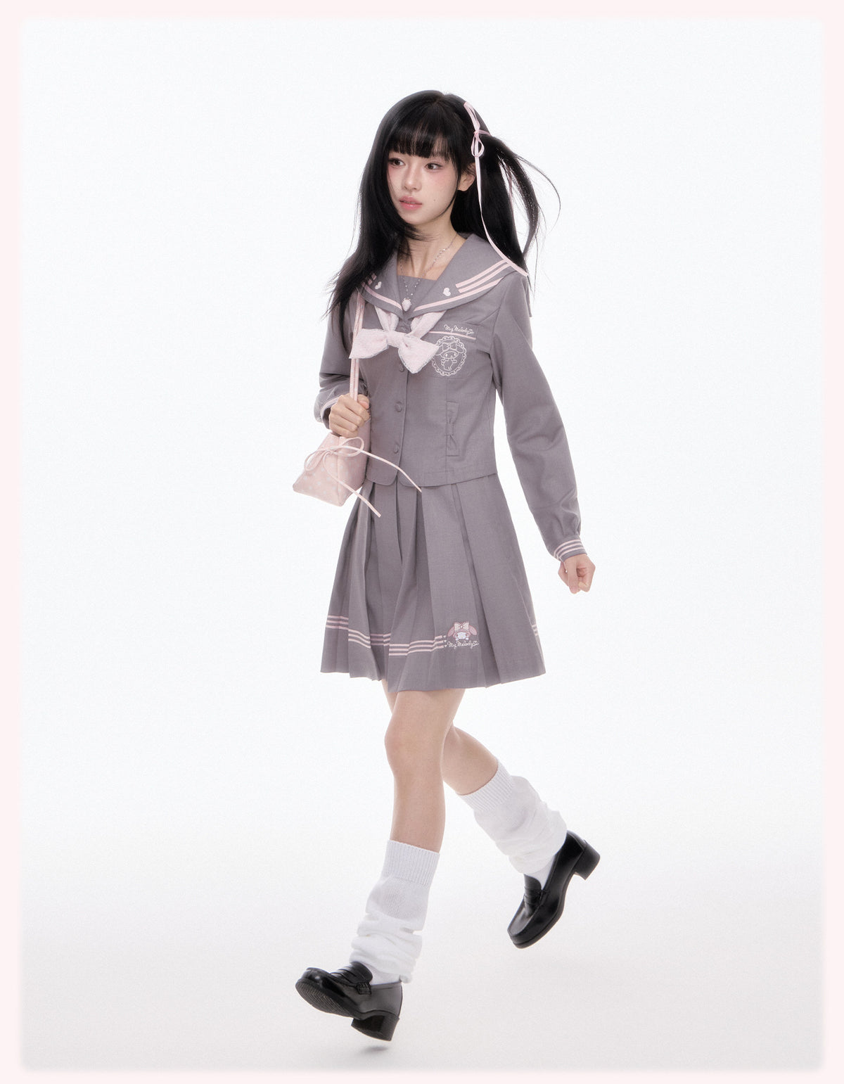 My Melody Gray JK Sailor Uniform Long Sleeve Top Pleated Skirt Bow Tie Set