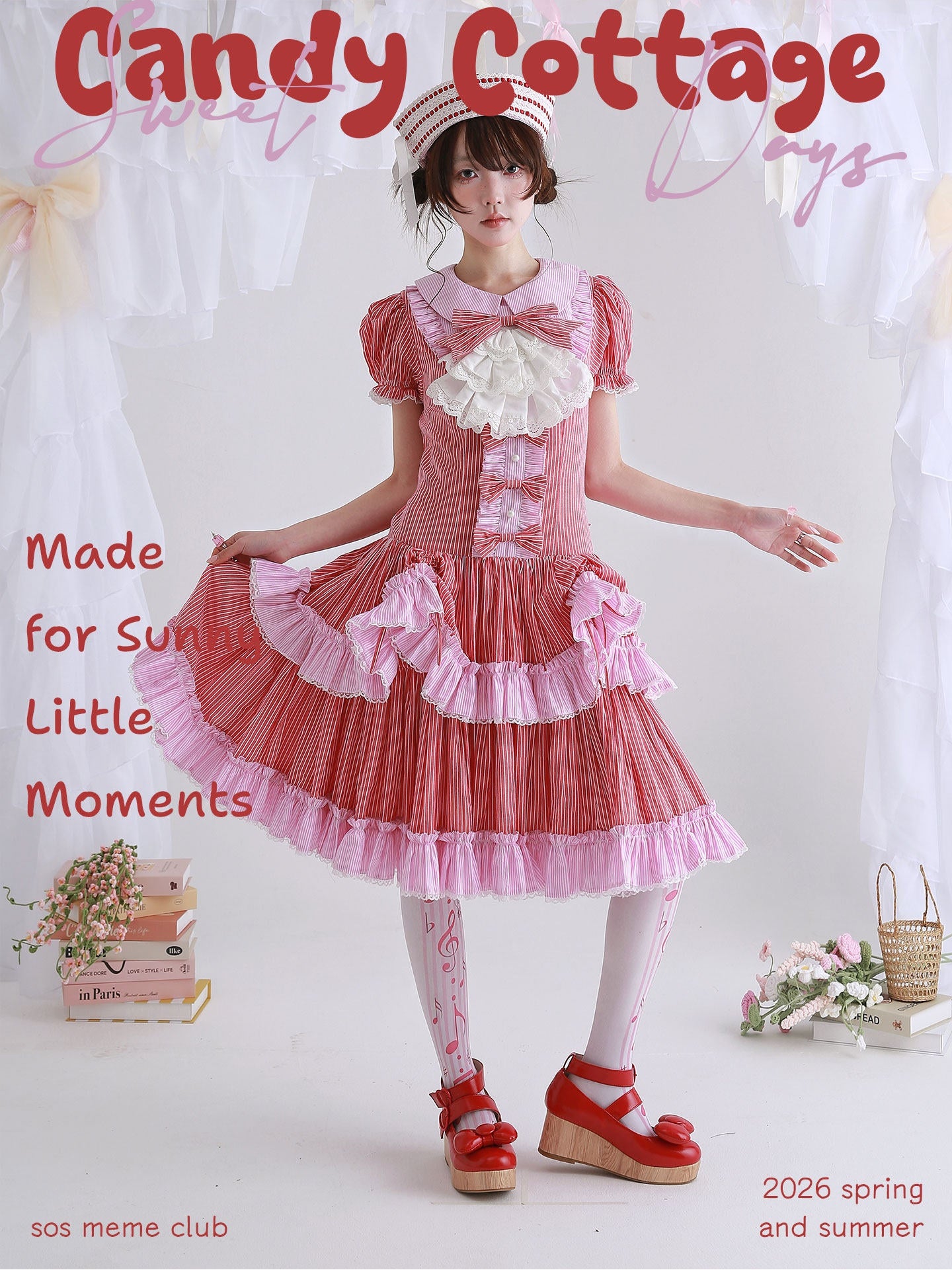 Candy Cottage Showa Retro Pink Striped Dress