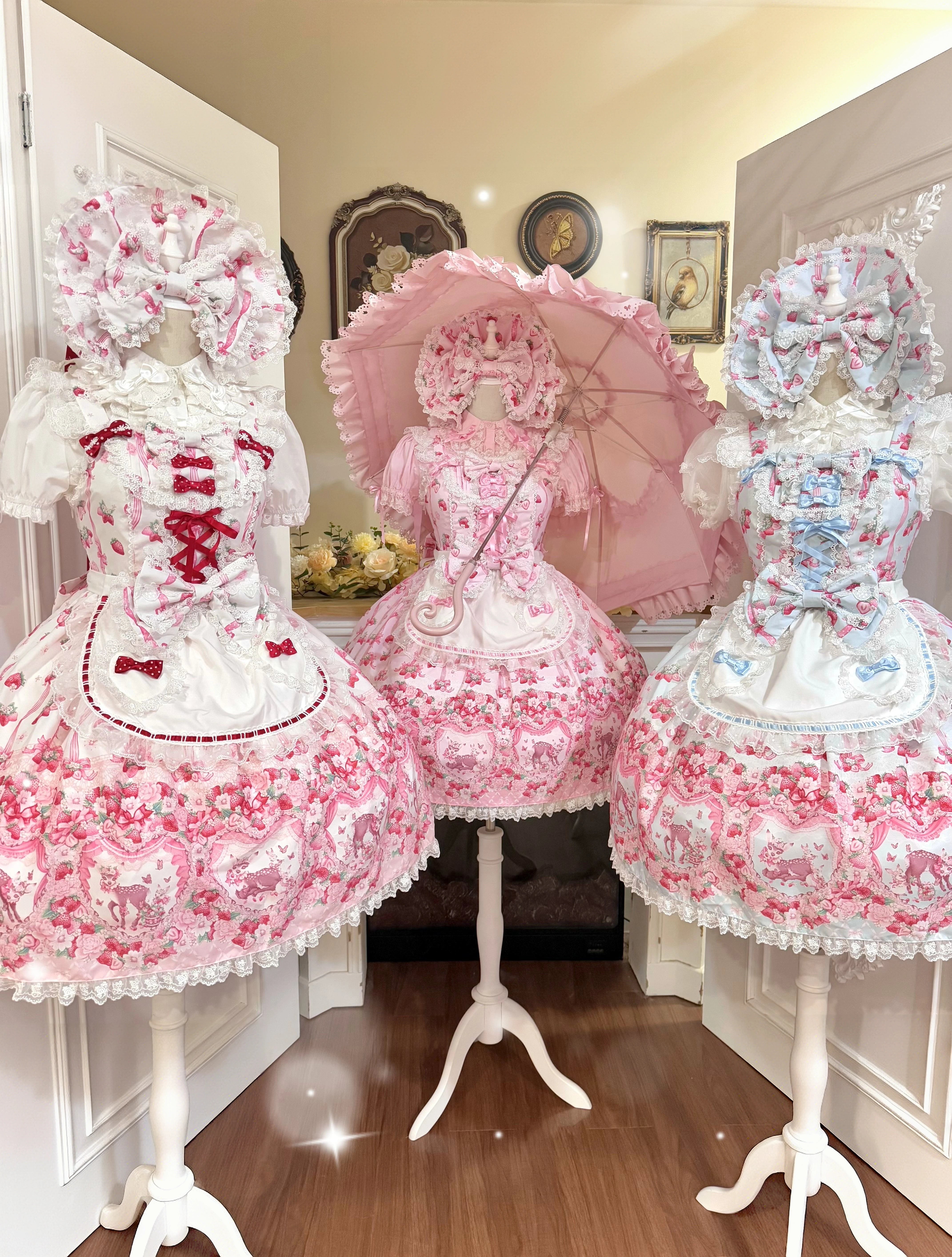 Deer Strawberry Garden Old-School Strawberry Print Lolita JSK
