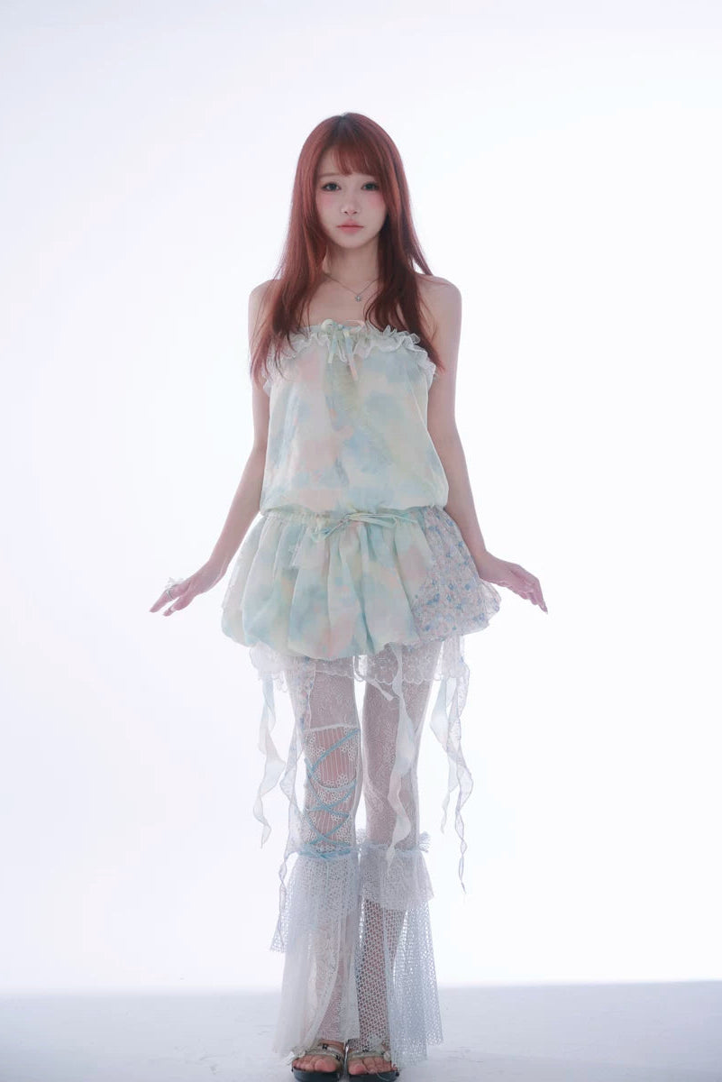 Jellyfish Pink Blue Lace Mesh Flared Pants Slip Dress Fairycore Set