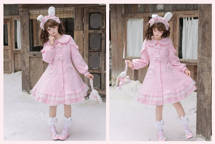 Bunny Warm Lolita Cake Hem Pink & White Wool Coat