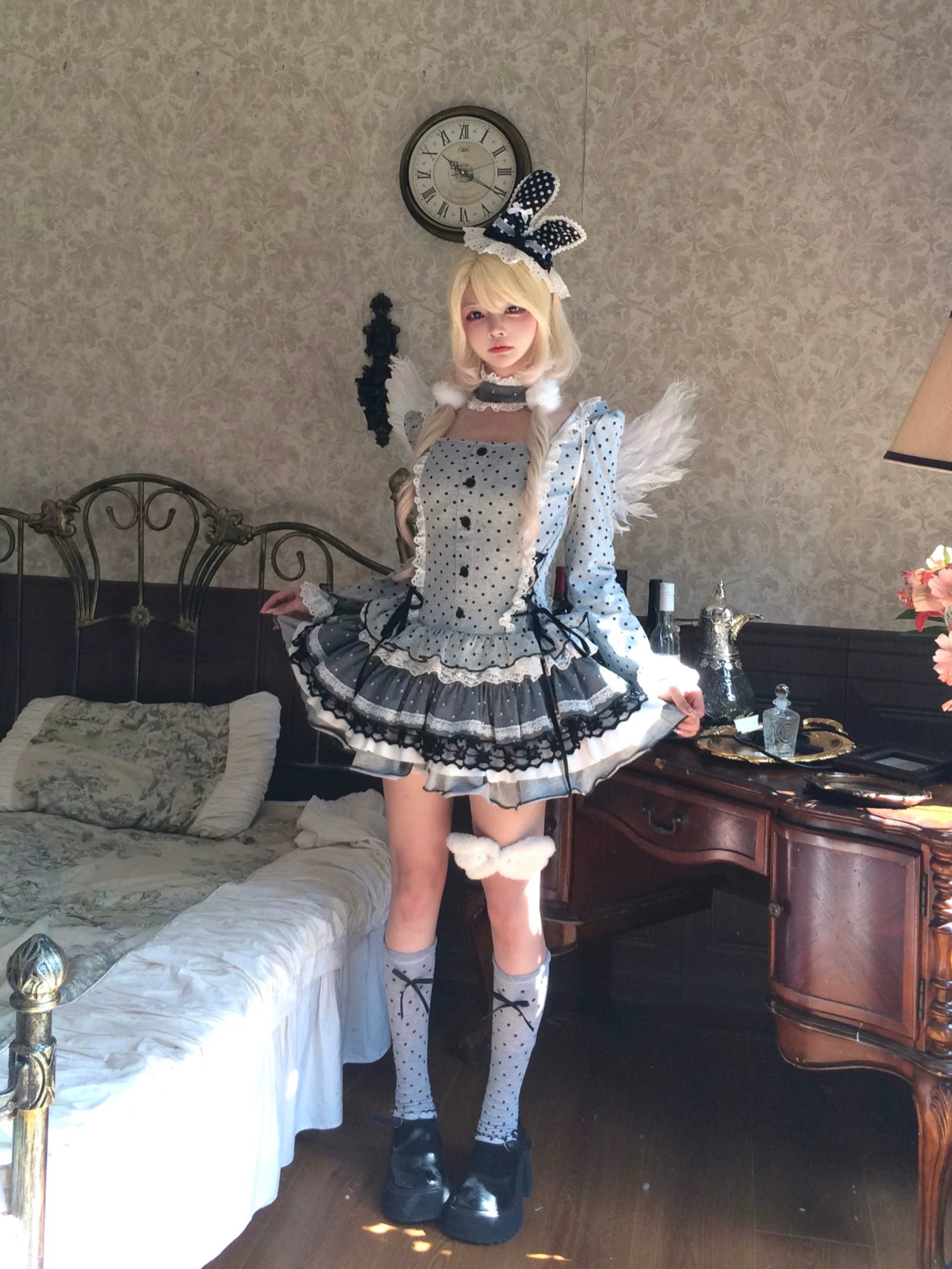 Women's Polka Dot Tiered Ruffle Dress Long Sleeve Bow Waist