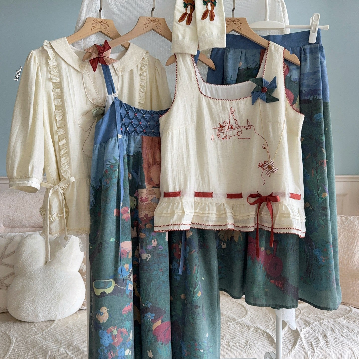Picnic Lolita Print Vest Blouse, SK & JSK Daily Wear Outfit Set