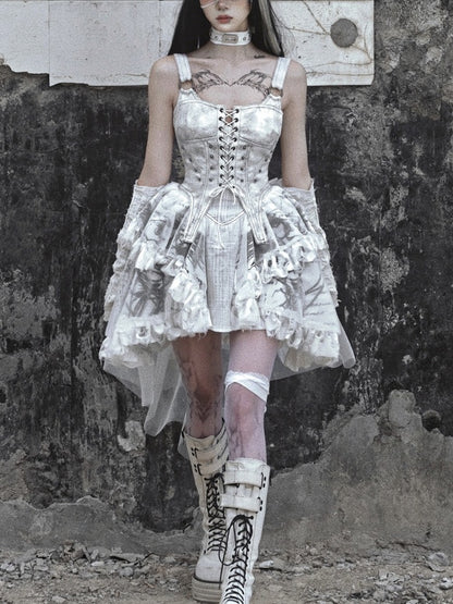 Lolita White Tie-Dye Punk Suspender Dress LG1020