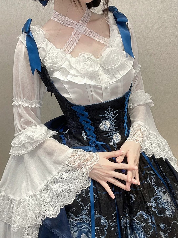 Ling Long Ci Blue Porcelain Butterfly Orchid Print Gothic Lolita Bustier JSK