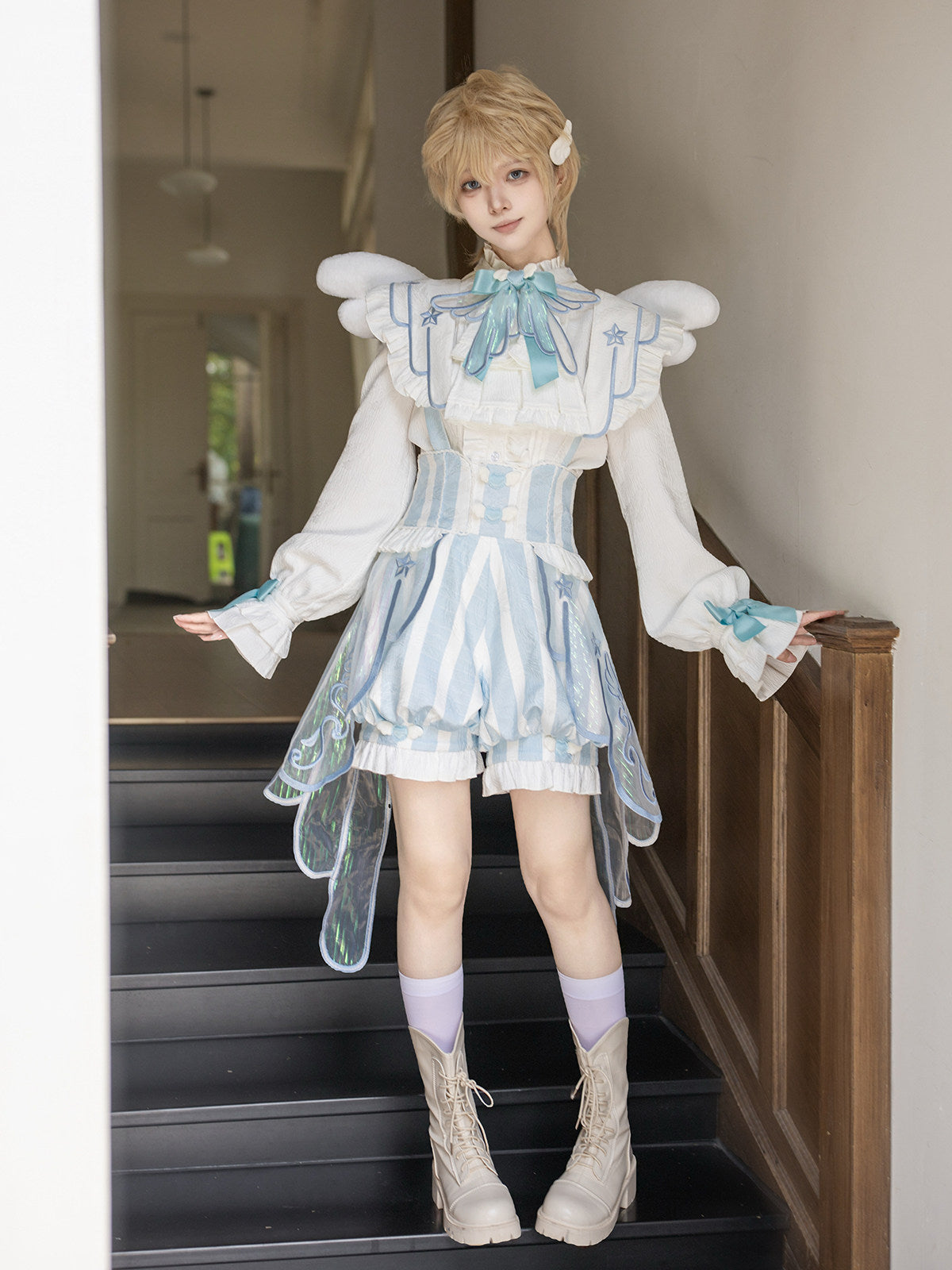 Angel Treaty Sky Blue Prince Lolita Angel Wings Blouse Suspender Shorts Set