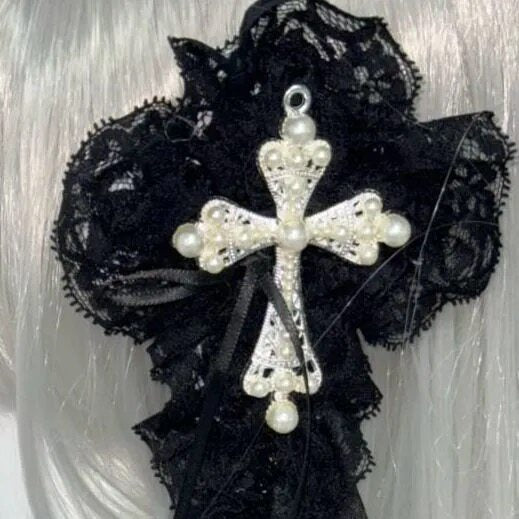 Pearl Cross Lace Ruffle Bow Lolita Gothic Hair Clip with Optional Veil
